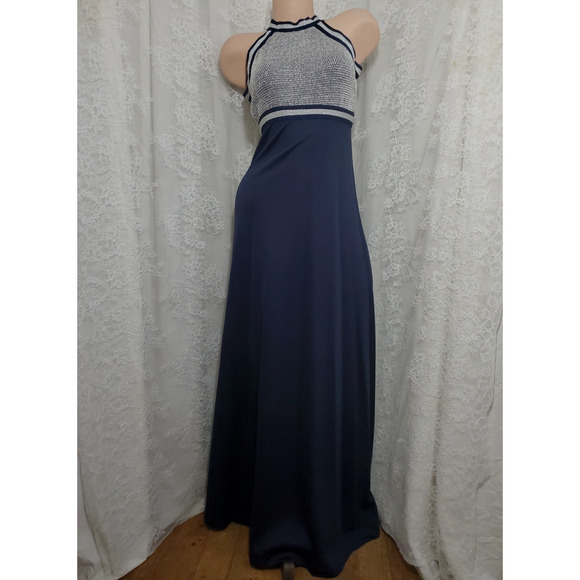 70's U.S.A. ILGWU UNION Long Maxi Dress MOD BLUE HALTER Formal Party SIZE 9 - Picture 1 of 9